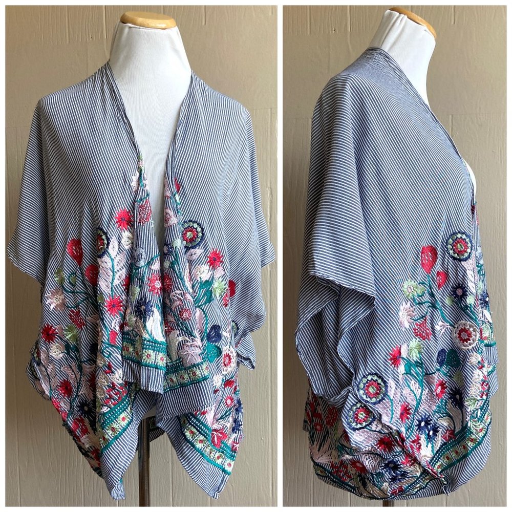 Francesca's Boho Floral Embroidered Open Front Kimono Cardigan